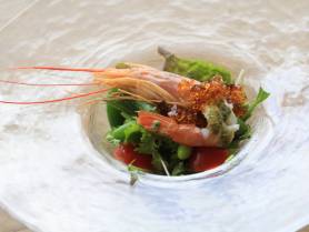前菜：赤海老と春野菜のサラダ仕立て～醤油ジュレ・バジルソース～パン
